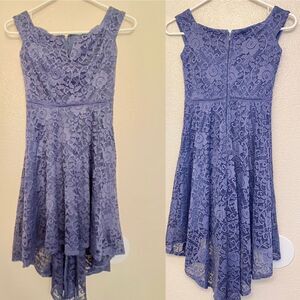 Jodi Kristopher slate Blue Lace fit and flair hi low skirt dress scoop neck -1